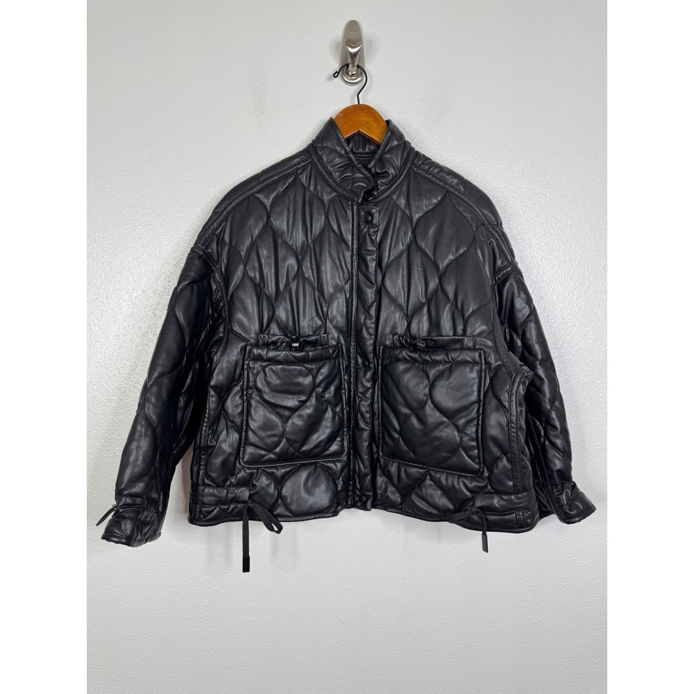 Zara Black Quilted Faux Leather Puffer Jacket Oversized Utility Pockets Medium